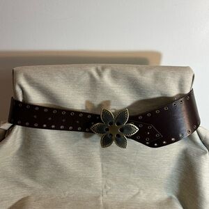 Brown Leather Belt with Floral Buckle with Eyelets Tapering With Hook Closure